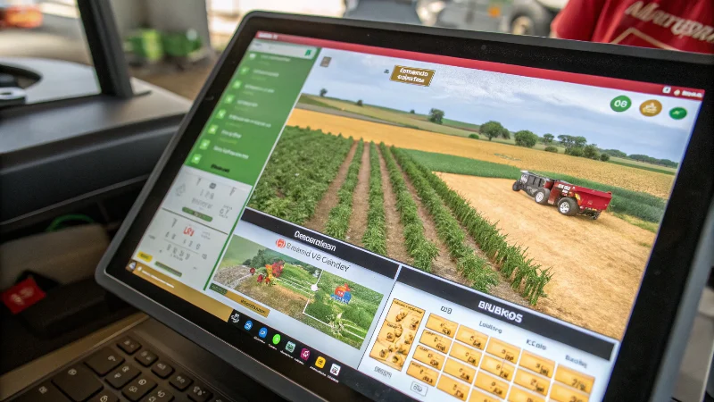 Computer screen showing interactive digital farm simulation with crop growth models and management options